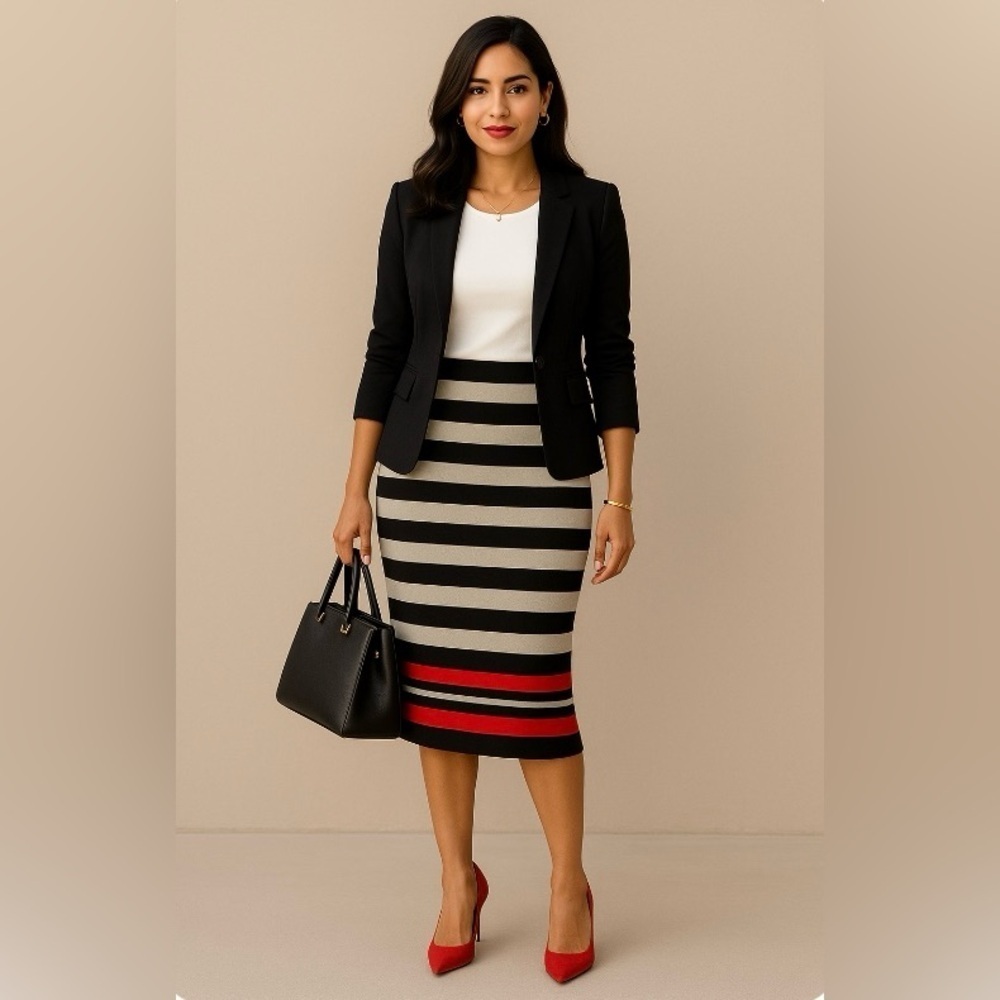 Elle Black and Red Striped Pencil Skirt